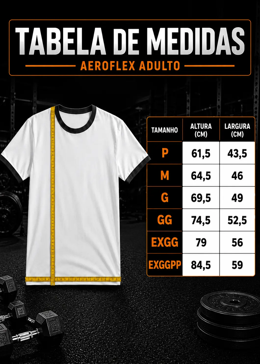 Tabela de tamanhos Camiseta Aeroflex Dry Fit Masculina Treino Proteção UV Phantom Core