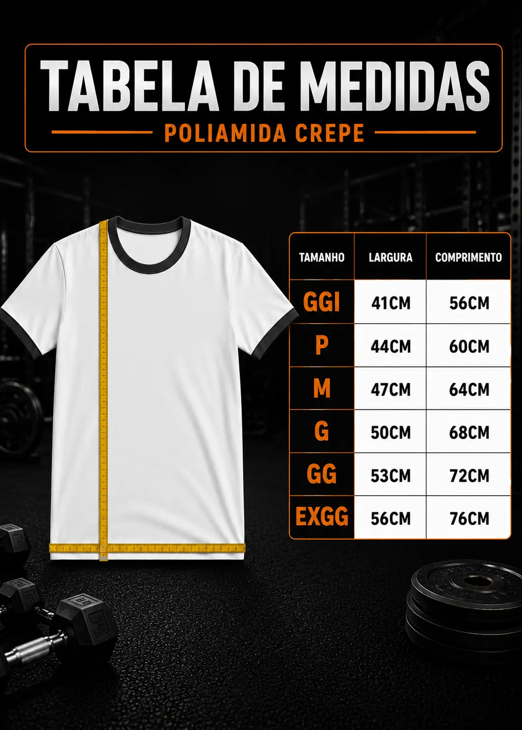 Tabela de tamanhos Camiseta Poliamida Crepe Feminina Treino