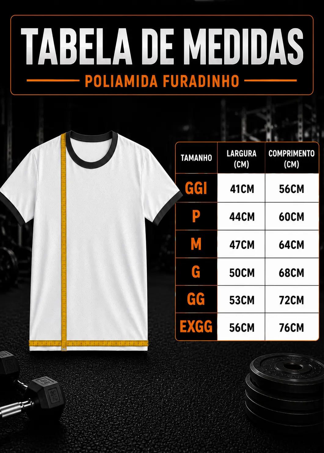 Tabela de tamanhos Camiseta Poliamida Furadinha Feminino Treino